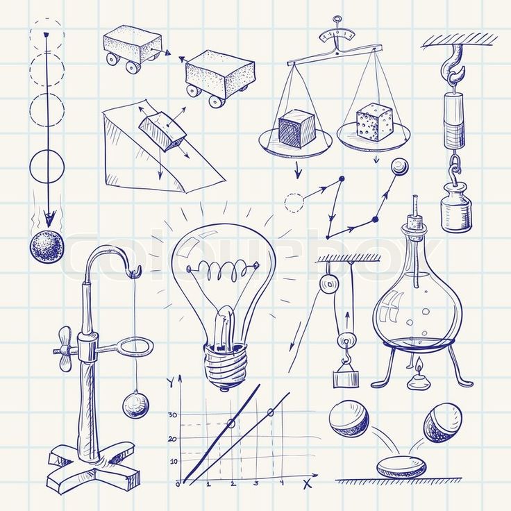 an image of various science objects drawn in blue ink