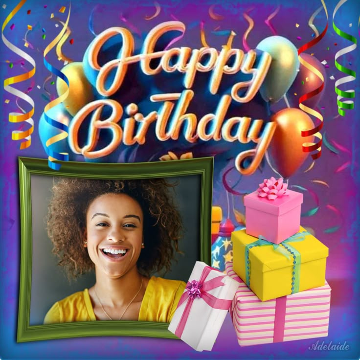 a happy birthday card with a woman and presents