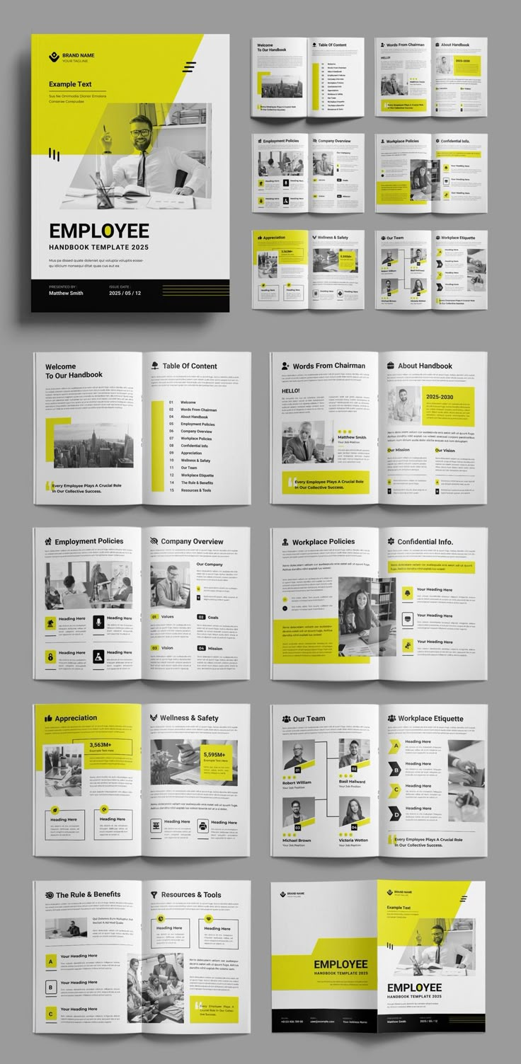 a bunch of yellow and black brochures with different designs on them, all stacked together