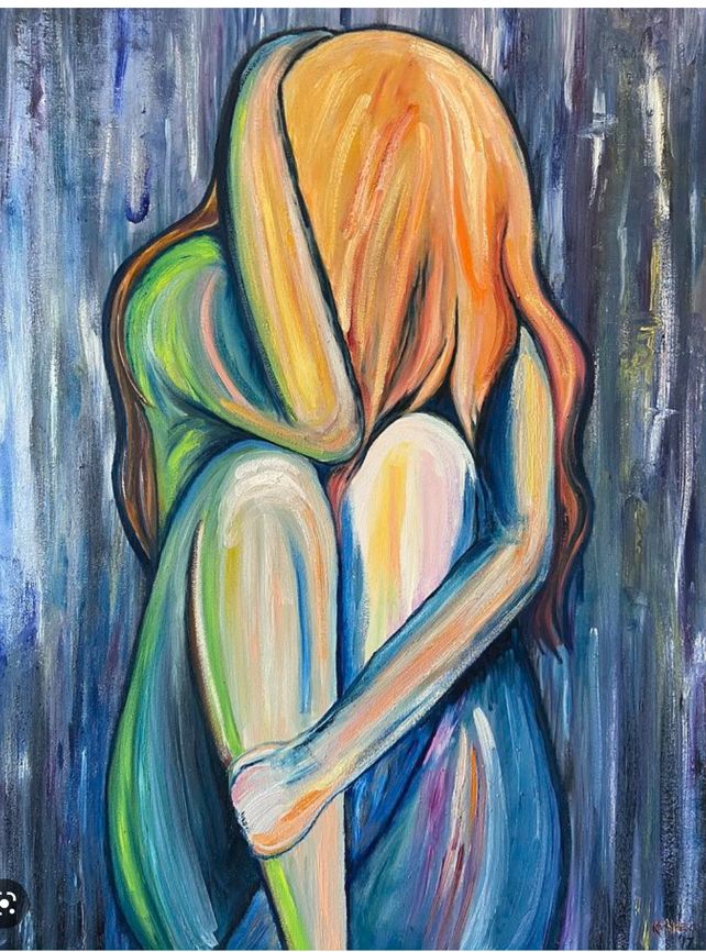 a painting of two people hugging each other