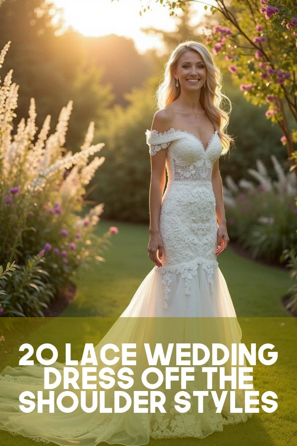 a woman in a wedding dress with the words 20 lace wedding dresses off the shoulder styles