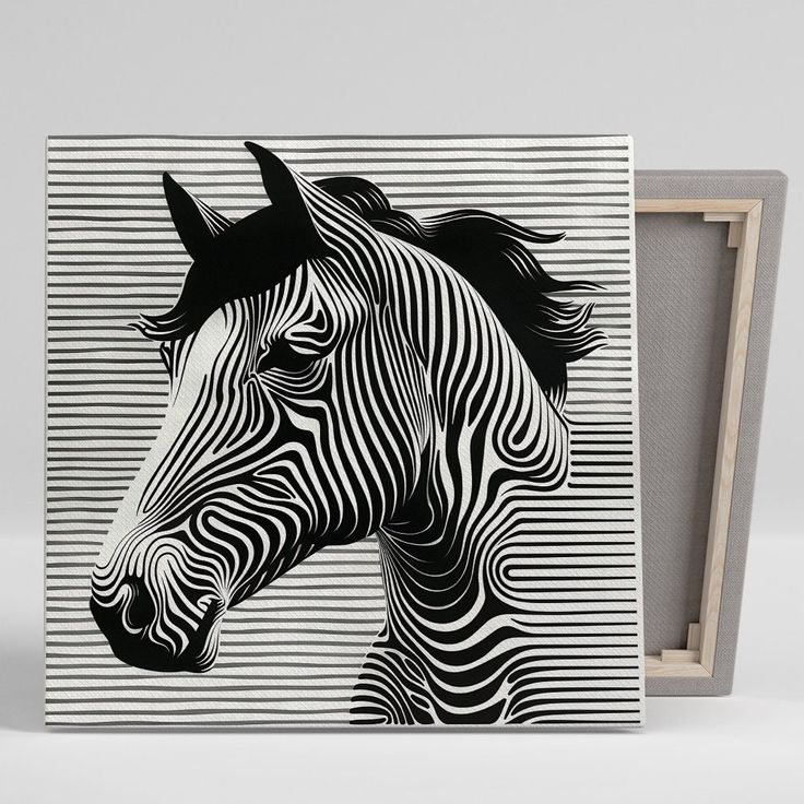 a zebra's head is shown on a black and white striped background with a wooden frame