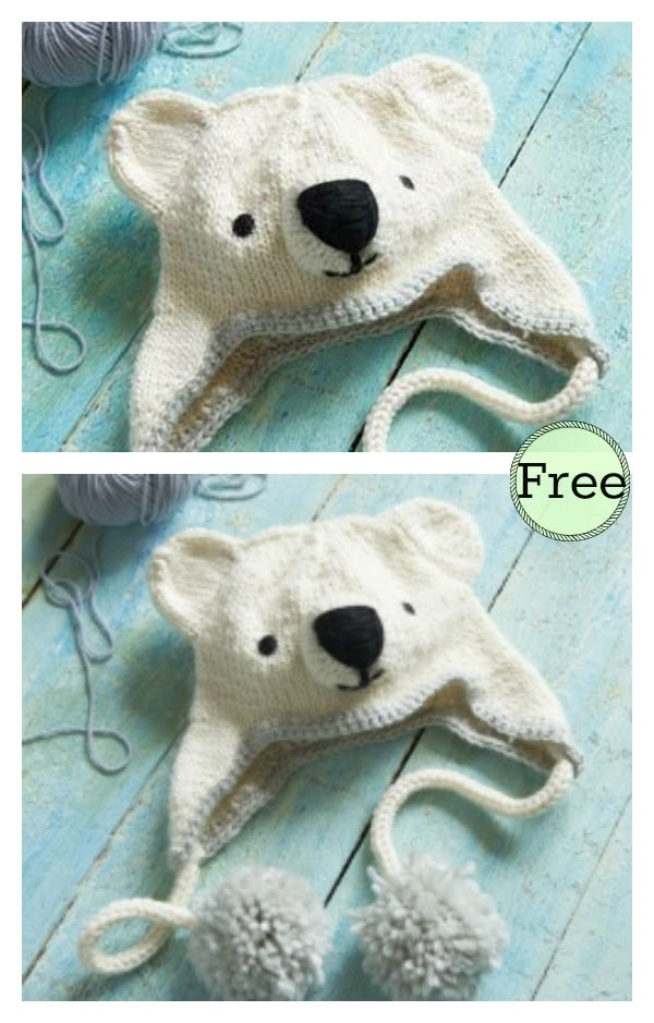 two pictures of a knitted polar bear hat