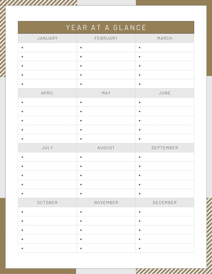 the printable year at a glance calendar is shown in gold and white with stripes