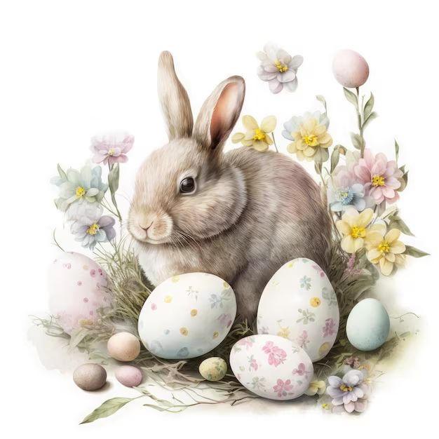 a painting of a bunny surrounded by eggs and flowers