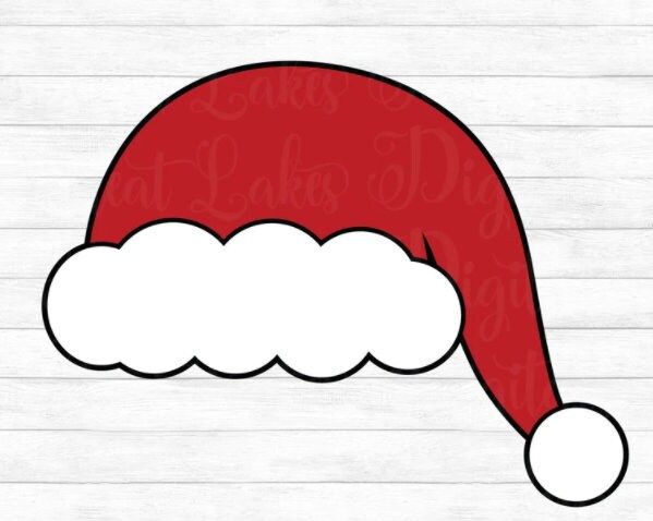 a red santa hat with white clouds on the bottom and words that say merry christmas