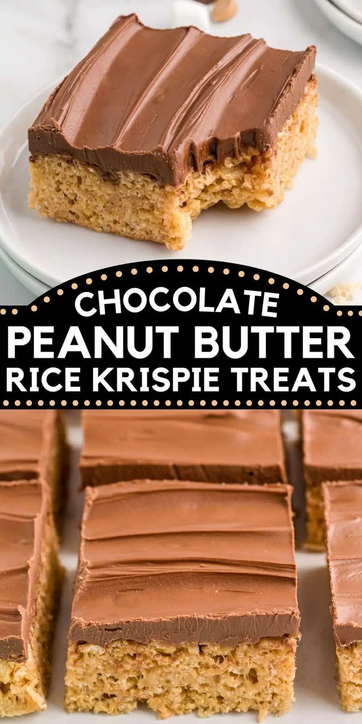 chocolate peanut butter rice krispie treats on a white plate with the title above it