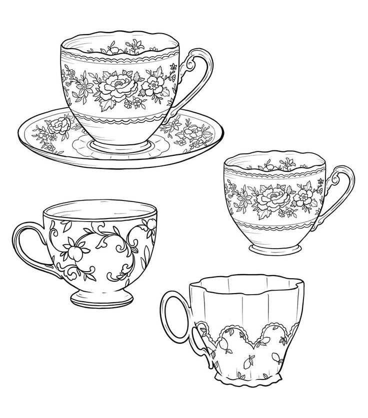 four tea cups and saucers with floral designs