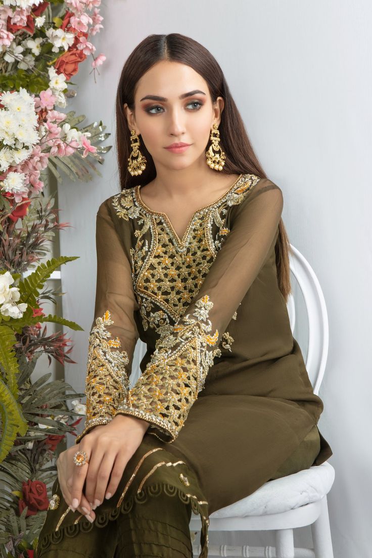 Olive Tan | Pakistani Designer Outfit | Sarosh Salman Pakistani Party Dresses, Skater Outfits, Olive Tan, Embroidery Leaf, Luxury Pret, Designer Outfit, Neck Designs For Suits, Cutwork Embroidery, Pure Chiffon