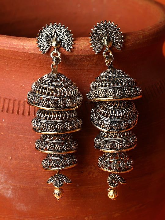 Black & Gold-Plated Enamelled Dome Shaped Jhumka Drop Earrings VitansEthnics Black Metal Jewelry, Oxidised Silver Jewelry, Wedding Necklace Set, Indian Jewelry Earrings, Antique Silver Jewelry, Jewelry Set Design, Fancy Jewellery Designs, Silver Jewellery Indian, Indian Jewellery Design Earrings