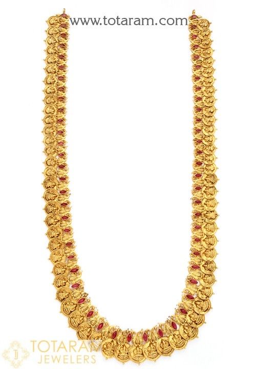 22K Gold 'Lakshmi Kasu' Long Necklace / Kasulaperu with Beads (Temple Jewellery) - 235-GN3544 in 155.200 Grams 22k Gold Necklace Kameswari Jewellers, Luxury Gold Temple Necklace With Stone Work, Simple Bridal Jewelry Kameswari Jewellers, Mahalakshmi Jewellers Long Chains, Luxury 22k Gold Traditional Temple Necklace, Pachalu Necklace Gold, Luxury Temple Necklace With Tilla For Rituals, Luxury Temple Jewelry Necklaces With Gold Beads, Luxury Heavy Gold Temple Necklace