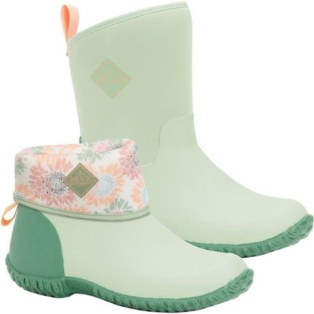 Muck Boots best selling all-purpose Muckster shoe now available in Mid height; the Muckster II. This women's 7-inch pull-on boot, in Reseda green, features a deep green accent at the heel and can be worn rolled up for days when you need extra coverage, or rolled down revealing a cheery Sunflower print on warmer days. Worn either way, you'll be ready to tackle whatever lies ahead. They will keep your feet warm with 4mm of Neoprene and 100-percent dry on those cool, wet mornings. This casual style Reseda Green, Rain Boots Women, Walking The Dog, Boot Companies, Muck Boots, Mid Boots, Pull On Boots, Sunflower Print, Deep Green