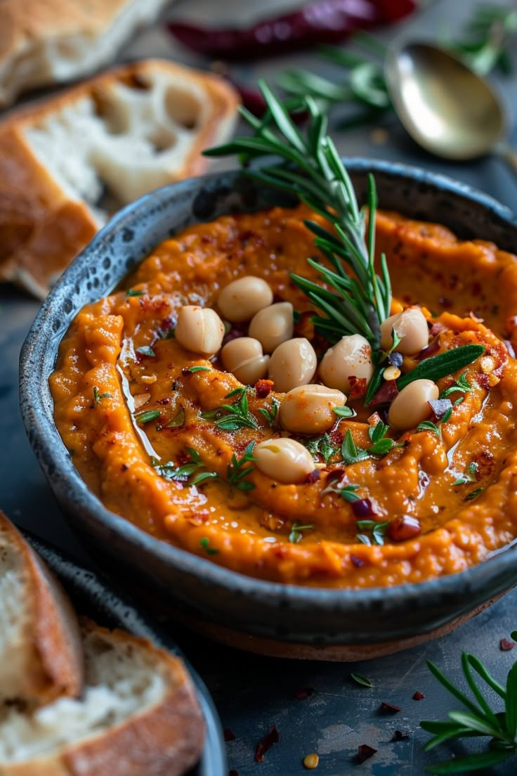 Roasted red pepper hummus garnished with chickpeas and rosemary in a bowl, served with bread slices. Spanish Romesco Sauce, Roasted Red Pepper Appetizer Recipes, Roasted Peppers Recipe Dishes, Roasted Pepper Recipes Dishes, Spanish Dip Recipes, Romesco Recipes, Spanish Sauces, Spanish Dip, Romanesco Sauce