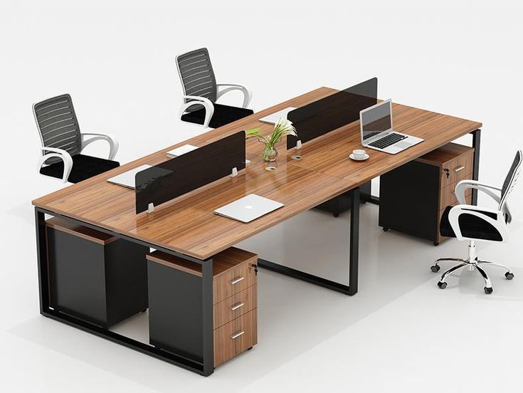 an office desk with two chairs and a laptop computer on the top, in front of a white background