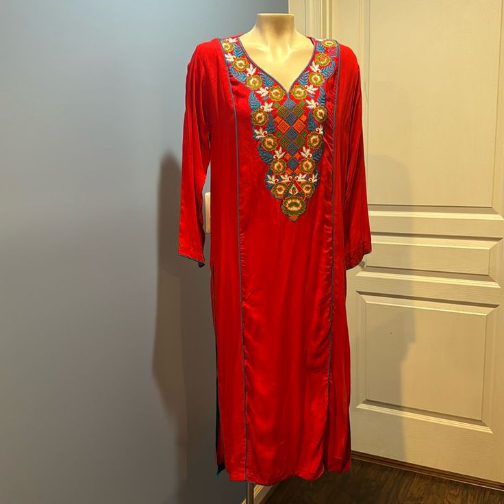 Size Large Red Shalwar Khameez Top Pakistani Or Indian Or Bangladeshi Style Kashmala Collection Chest Size 40 Inches Red And Blue Pattern No Pants Or Scarf In Excellent Condition Never Worn Red Kaftan With Dupatta For Festivals, Festive Red Kaftan, Red Bollywood Kaftan In Straight Kurta Style, Red Dabka Work Kaftan For Navratri, Navratri Red Kaftan With Dabka Work, Red Bollywood Kaftan For Festive Occasions, Traditional Red Kurta With Mirror Work, Red Traditional Kurta With Mirror Work, Traditional Red Kaftan Straight Kurta