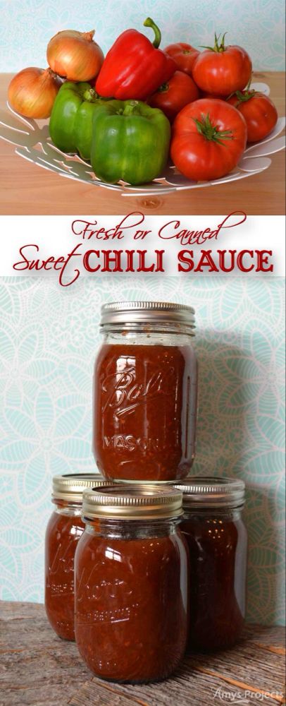 three jars filled with chili sauce sitting on top of a table next to tomatoes and peppers