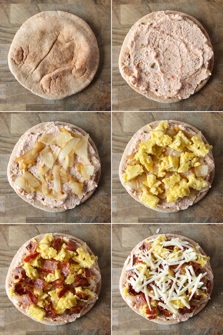 six different types of pizzas with cheese and meat toppings on them, sitting on a wooden surface