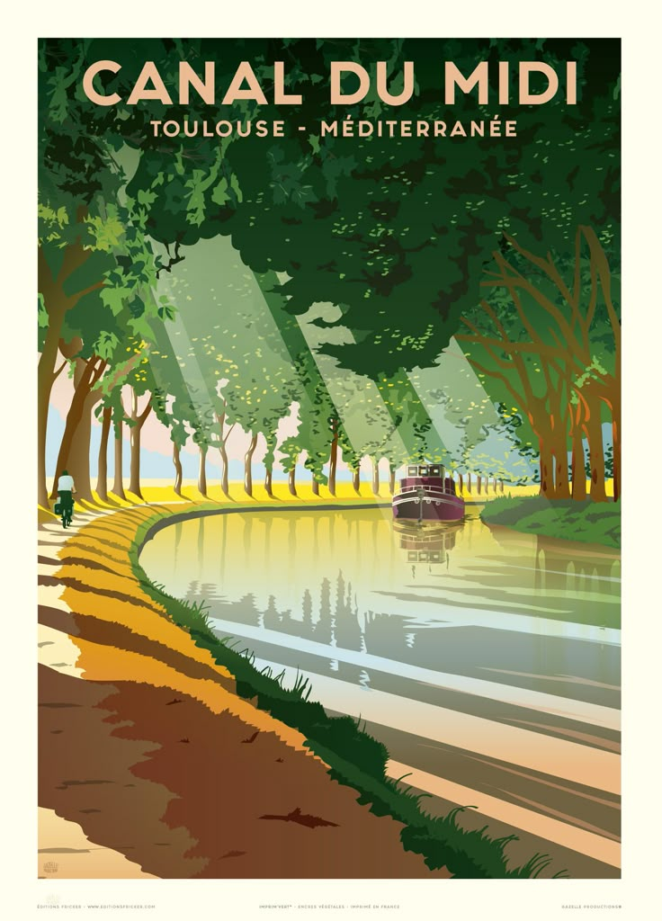 a poster with trees and water in the foreground, which reads canal du midi