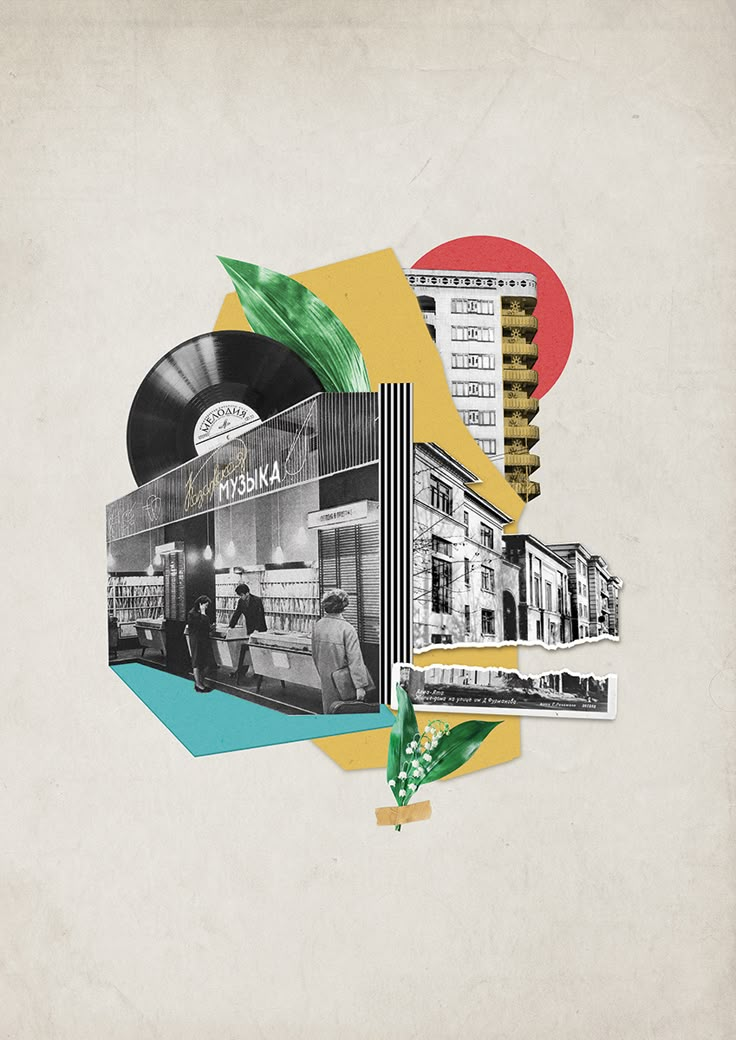 collage of various images with buildings and people in the background, including an old record player