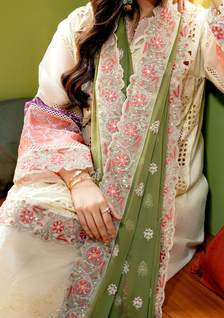 Introducing our Luxury collection'Luxury Lawn-24' by Maryum N Maria designed to make you look and feel your best. These pieces will add a touch of class and elegance to your wardrobe. This collection is a beautiful collection of ensembles offering versatile compositions for the latest festive wardrobe requirements. Chikankari Lawn Right, Left, and Centre Shirt Panel. Chikankari Organza Shirt Boders. Embroidered Organza Front, Back, and Sleeves Patti. Embroidered Chiffon Dupatta With Multi Colour Panel Shirt, Pakistani Boutique, Multi Color Dress, White Asparagus, Dress Pakistani, Lawn Design, Organza Shirt, Lawn Dress, Readymade Saree