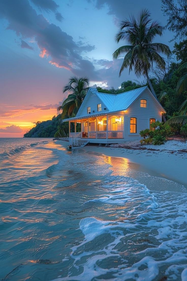 a white house sitting on top of a sandy beach next to the ocean at sunset