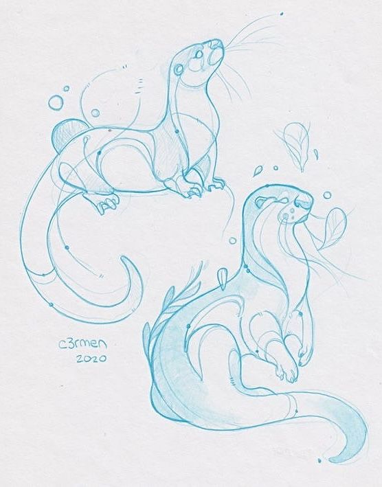 two drawings of otters one is blue and the other is white