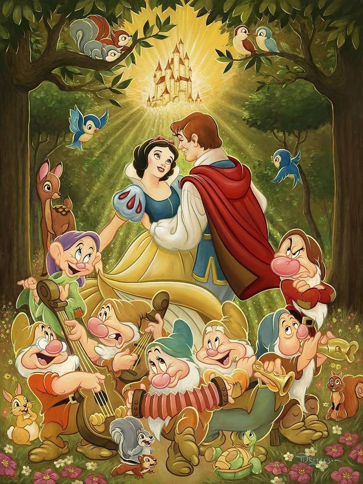 snow white and prince surrounded by dwarfs in the forest with other disney characters around them