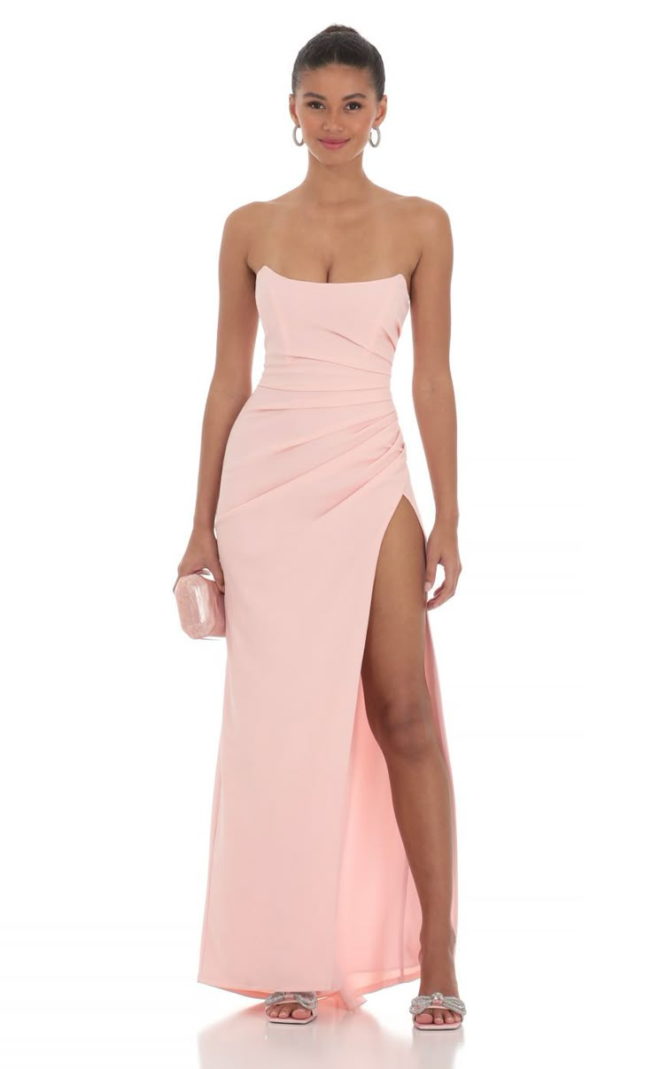 Strapless Corset Maxi Dress in Pink | LUCY IN THE SKY Elegant Bridesmaid Dresses Pink, Strapless Pink Prom Dress, Formal Dresses Strapless, Light Pink Formal Dresses, Md Dresses, Light Pink Prom Dress, Pink Formal Dress, Corset Maxi Dress, Silk Prom Dress