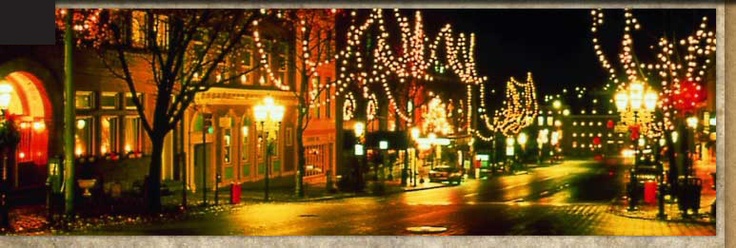 a city street is lit up with christmas lights