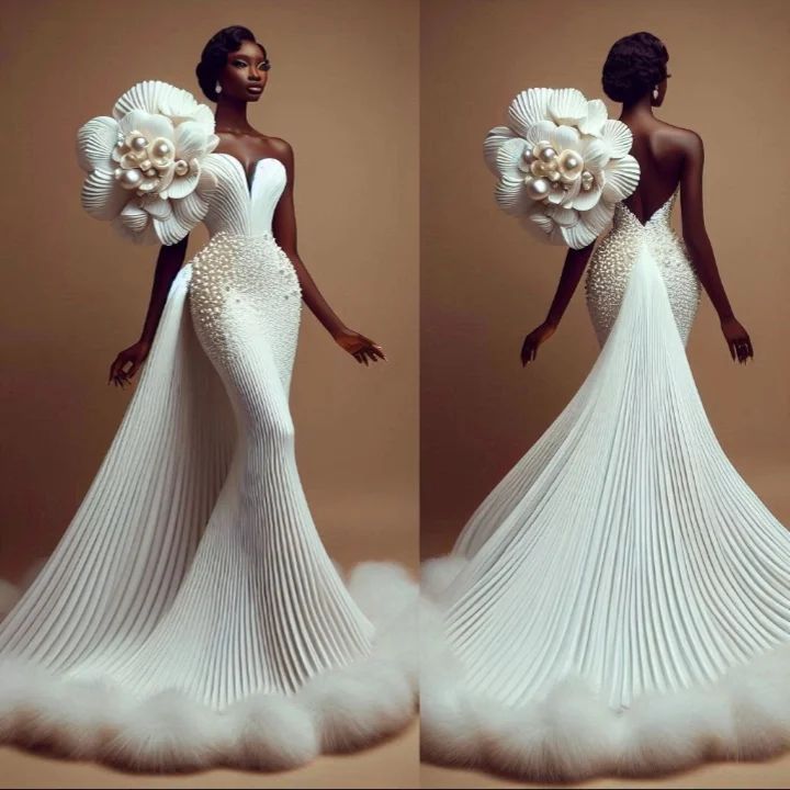 Gown Shoot Ideas, Simple Classy Dress, Unusual Wedding Dresses, Bridal Capelet, Glam Wedding Dress, Black And White Party, White Evening Gowns, African Artwork, Couture Evening Dress