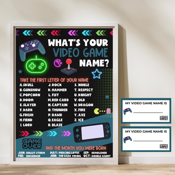 Level up your celebration with this Video Game Birthday Party Welcome Sign, perfect for gamer-themed parties! Whether you're planning a boy's gaming birthday bash, an epic arcade party, or a trendy neon gaming celebration, this name generator welcome sign will set the tone for a fun-filled event. Designed with vibrant neon colors and gaming-inspired graphics, this sign is ideal for creating an immersive party atmosphere. Add a touch of excitement and let your guests feel like they've entered the ultimate gaming arena! ✏️ WHAT YOU WILL RECEIVE ----------------------------------------- NO PHYSICAL PRODUCT WILL BE SHIPPED.  Please note this template is not editable  → 2 PDF Pages with game, sign and name tags → PRINT AT HOME → Letter size + A4 Product information: * Text and colors that are p Gamer Birthday Party Games, Level Up Birthday Party Decorations, Gamer Party Activities, Videogame Birthday Party, Diy Video Game Party Decor, Arcade Party Decorations, Gaming Party Ideas Boys, Playstation Party Ideas, Play Station Party Ideas