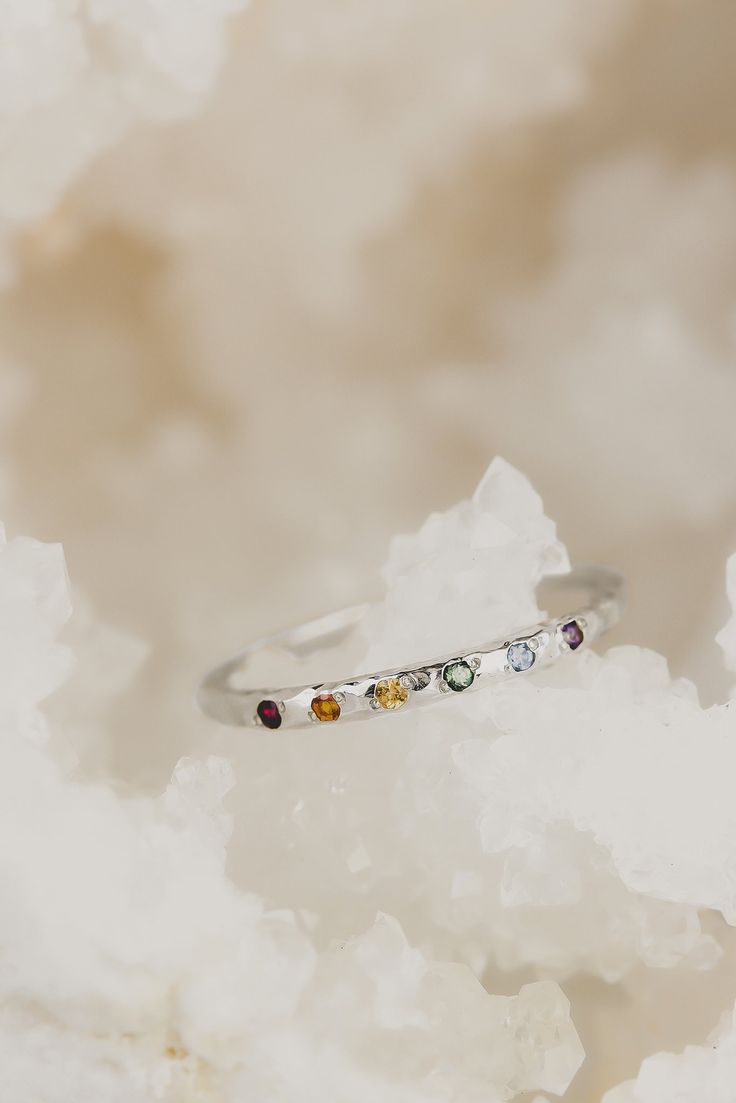 Sterling Silver Rainbow Band - Lacee Alexandra Rainbow Gemstone Jewelry In Sterling Silver, Rainbow Sterling Silver Promise Ring, Rainbow Sterling Silver Rings As Gift, Rainbow Birthstone Rings In Fine Jewelry, Rainbow Birthstone Rings Fine Jewelry, Rainbow Gemstone Stackable Rings For Anniversary, Sterling Silver Multi-stone Stackable Promise Rings, Rainbow Multi-stone Stackable Promise Rings, Rainbow Multi-stone Stackable Rings For Promise