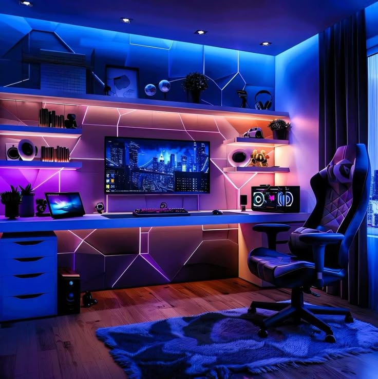 Cool Gaming Rooms, Gamer Room Design, Gaming Computer Room, Teenager Bedroom Design, Room Setup Ideas, Games Room Inspiration, Game Computer, Small Game Rooms, Gaming Bedroom