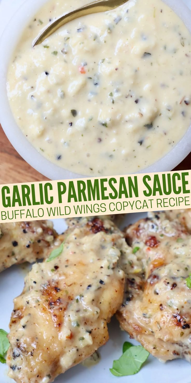 garlic parmesan sauce and buffalo wild wings copycat recipe on a white plate