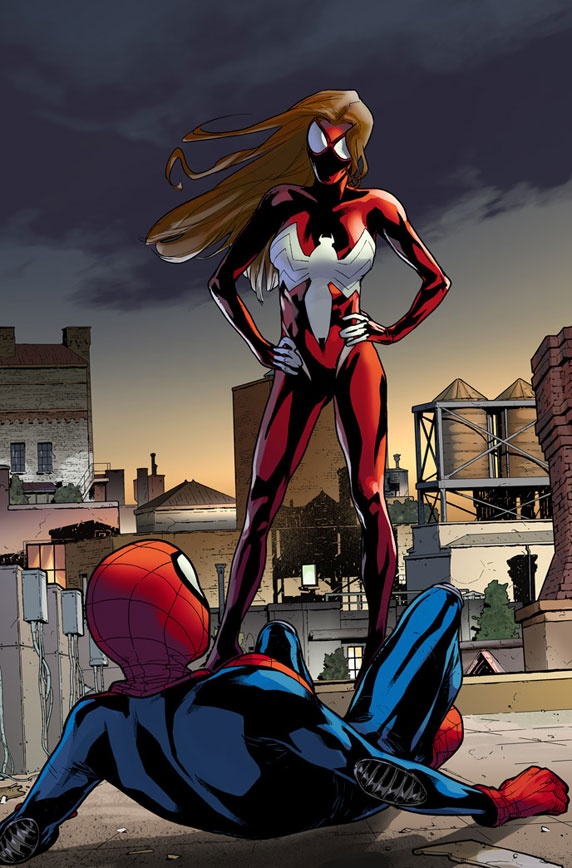 the spider - woman is laying on the ground in front of a man