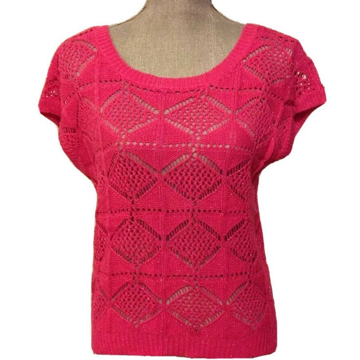 Junior's Gorgeous Pink Metallic Open Weave Short Sleeve Sweater, From Boy Meets Girl, Brand New With Tags! This Sweater Features A Scoop Neckline And Buttons Down The Back. Size Medium, The Measurement From Armpit To Armpit Is 20", The Length, 21". 93% Cotton, 5% Polyester, 2% Metallic Msrp $38.00 Metallic Shorts, Boy Meets Girl, Metallic Sweater, Knitting Women Cardigan, Pink Metallic, Boy Meets, Favorites List, Short Sleeve Sweater, Knitting Girls