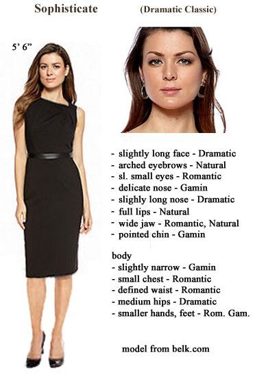 a woman in a black dress with her name on the side and description below it