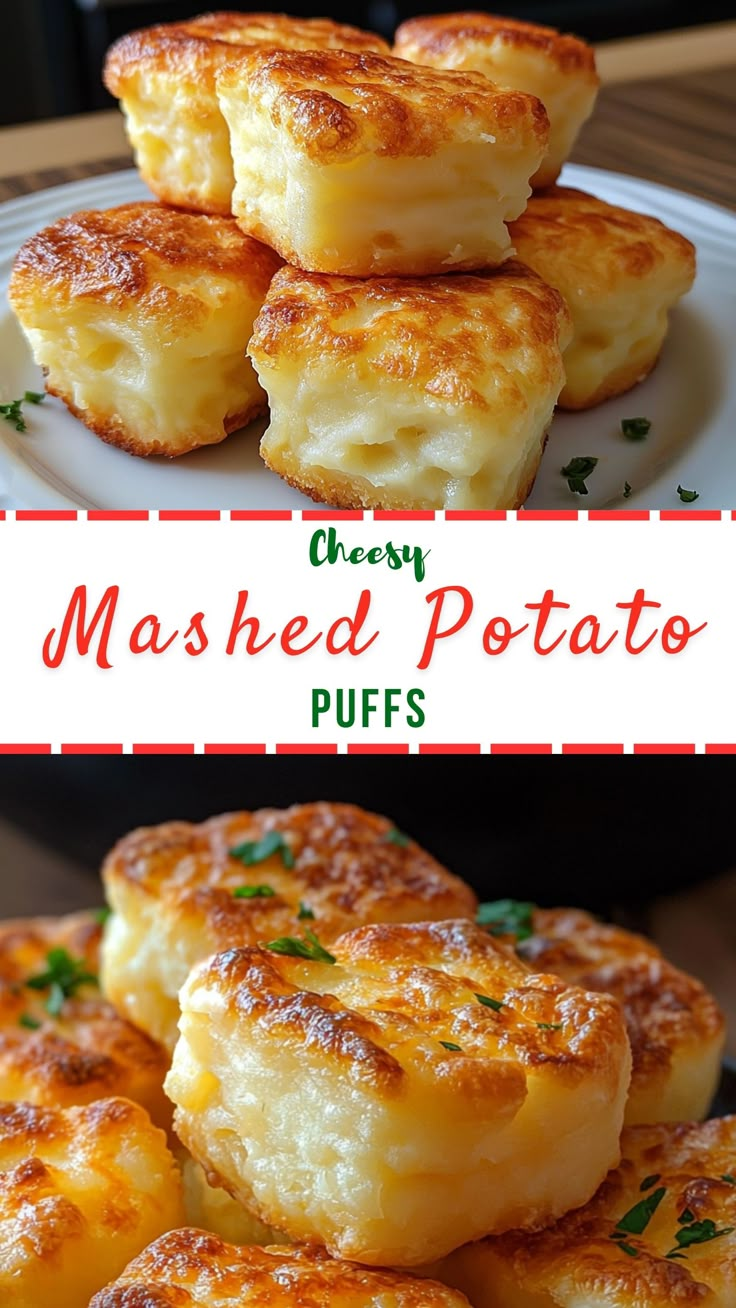 Easy Dinner Recipes: Cheesy Mashed Potato Puffs Good Mood Food Recipes, Toppings For Mashed Potatoes, Creamy Potato Puffs, Easy Healthy Mashed Potatoes, Leftover Cheesy Potatoes, Creamy Mashed Potato Puffs, Mashed Potato Casserole Recipes Easy, Golden Cheesy Mashed Potato Puffs, Mashed Potatoes Recipe Leftover