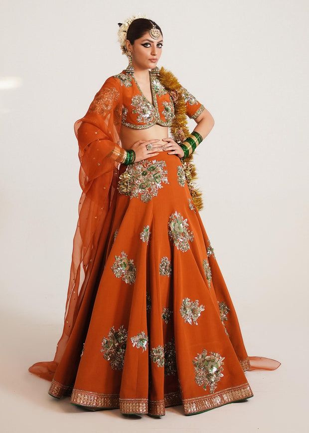 Orange Lehenga Choli and Dupatta Bridal Wedding Dress Traditional Hand Embellished Wedding Wear, Wedding Embellished Organza Choli, Festive Hand Embellished Wedding Dress, Hand Embellished Floor-length Dupatta For Wedding, Embellished Traditional Gown For Navratri, Bollywood Style Saree Wedding Dress With Intricate Embroidery, Traditional Organza Wedding Dress With Zari Work, Traditional Hand Embellished Wedding Dupatta, Hand Embellished Semi-stitched Wedding Dress For Festive Occasions