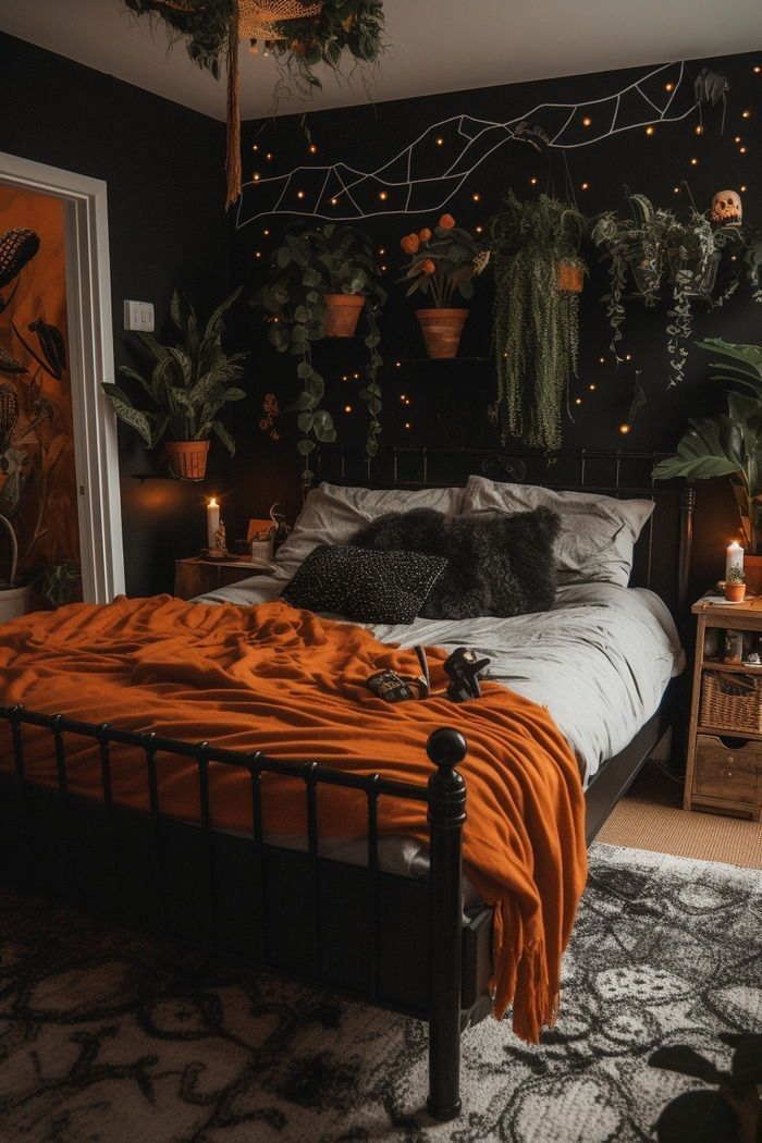 Cool Apartment Decor Bedroom, Bedroom Decor Witchy, Dark Fall Aesthetic Decor, Orange And Black Room Ideas, Black And Orange Boho Bedroom, Halloween Rooms Bedrooms, Color Theme Room Ideas, Gothic Themed Bedroom, Relaxed Home Decor