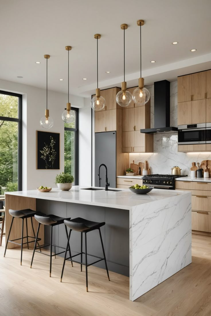 Modern kitchen with marble island, wooden cabinets, and hanging pendant lights. Modern Traditional Kitchen, Small Kitchen Design Ideas, Trendy Kitchen Design, Scandinavian Kitchen Design, Small Kitchen Design, Kitchen Remodel Inspiration, Sleek Kitchen, Contemporary Kitchen Design, Remodel Inspiration