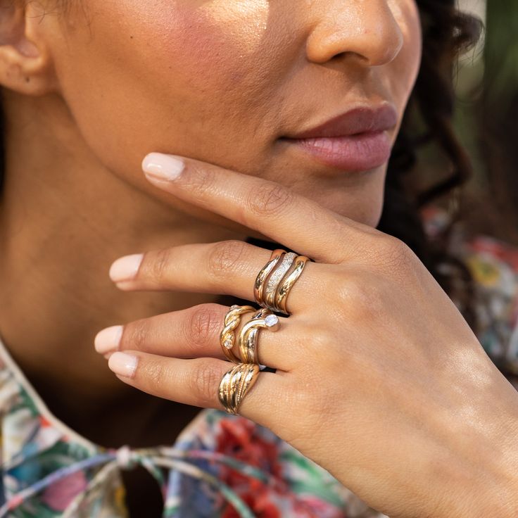 The Story A chic vintage ring made during the mid-to-late 20th century. Constructed from warm 14 karat yellow gold, a minimalist design of three tiers stack and move across the finger. Roped detailing is seen between the tiers giving the ring texture. The dome design gives the ring depth and dimension. Substantial in look, its hollowed construction makes it light and easy to wear. Forever a desirable piece, a classic gold ring like this is as chic they come. It's a forever jewelry staple and loo Yellow Gold Stackable Rings Stamped 14k, Heirloom Style White Gold Stackable Rings, Elegant Stacked Yellow Gold Jewelry, Heirloom Yellow Gold Stackable Midi Rings, Timeless Stackable Yellow Gold Engraved Ring, Stacked Yellow Gold Wedding Jewelry, Heirloom Yellow Gold Midi Rings With Round Band, Heirloom Style Yellow Gold Stackable Open Rings, Heirloom Yellow Gold Open Stackable Rings