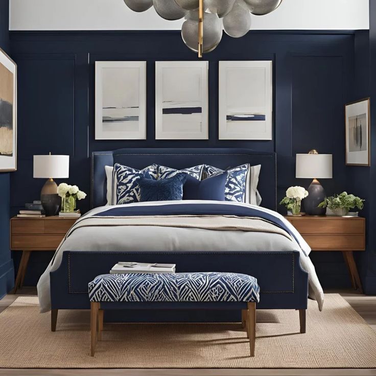 a bedroom with blue walls and white bedding