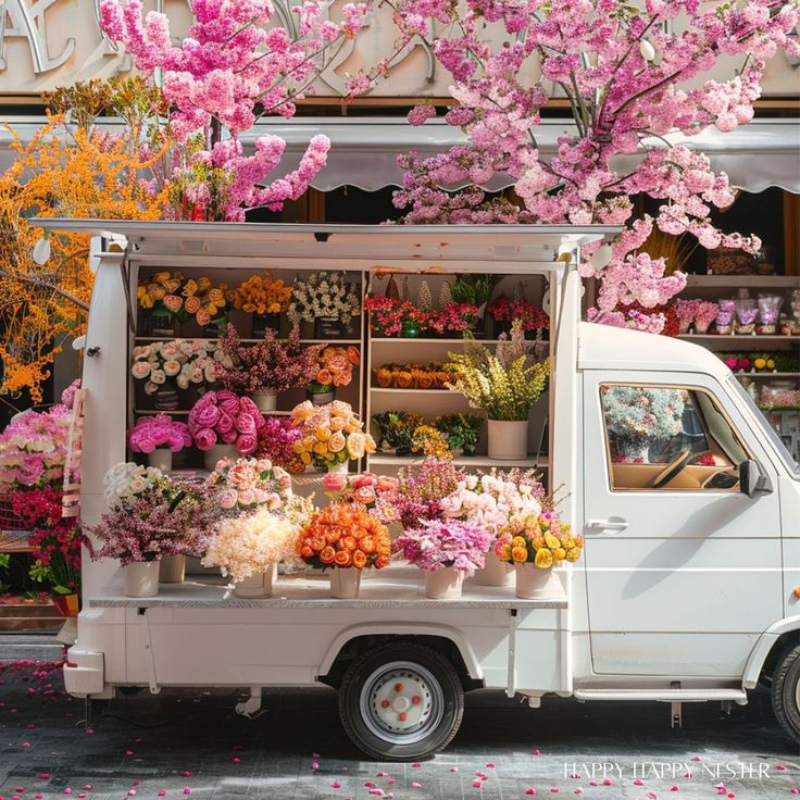 a white truck parked in front of a flower shop filled with lots of pink flowers