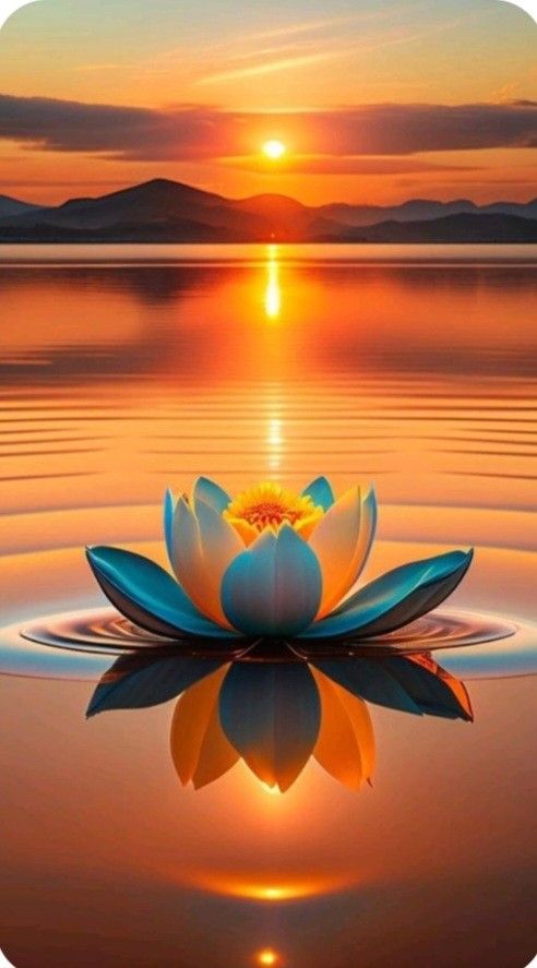 a lotus flower floating on top of water at sunset with the sun in the background