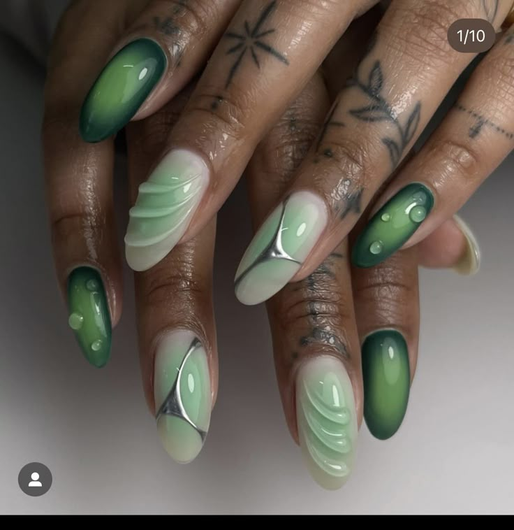 Green Summer Nails 2024, Gel X Summer Nails, Ombre Nails Green, Aura Nails Green, Water Drop Nails, Green Aura Nails, Drop Nails, Oval Nail Designs, Green Spring Nails