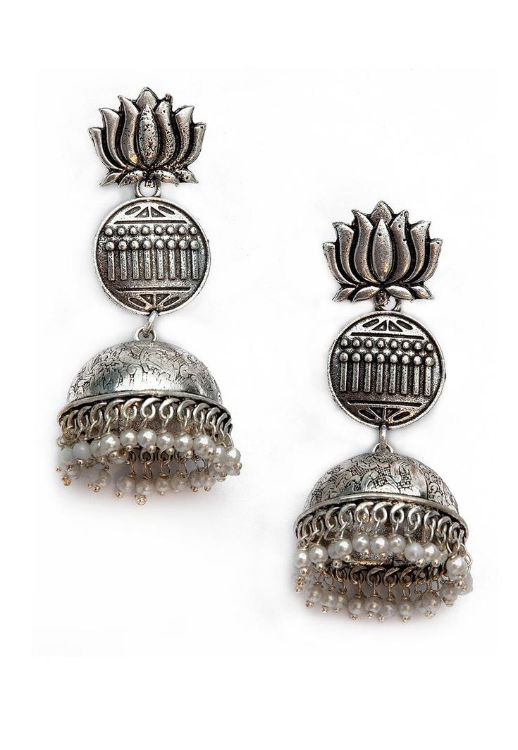 Kamal Style Oxidised Jhumka  Brass Based Oxidised Jhumka Style Earrings in Silver, Adorned with Beads, Take the centre stage with this Traditional Ethnic Jewellery, handmade with intricate Indian craftsmanship and exclusively choosen from a curated collection of exquiste pieces, brought to you by Fabula. The earrings can be teamed up with festive wear and also with casual wear for a complete look.  About The Product: Kamal Style Oxidised Jhumka Approximate Length is 8 cm, Designed for traditiona Oxidized Jhumkas For Wedding And Navratri, Traditional Oxidized Finish Jhumkas For Festive Occasions, Traditional Oxidized Jhumkas For Festive Occasions, Traditional Oxidized Jhumkas For Festive Season, Festive Traditional Oxidized Jhumkas, Navratri Temple Jewelry Silver Jhumkas, Oxidized Temple Jewelry Jhumkas For Festivals, Bohemian Chandbalis With Cutdana For Festive Season, Traditional Oxidized Jhumkas For Diwali