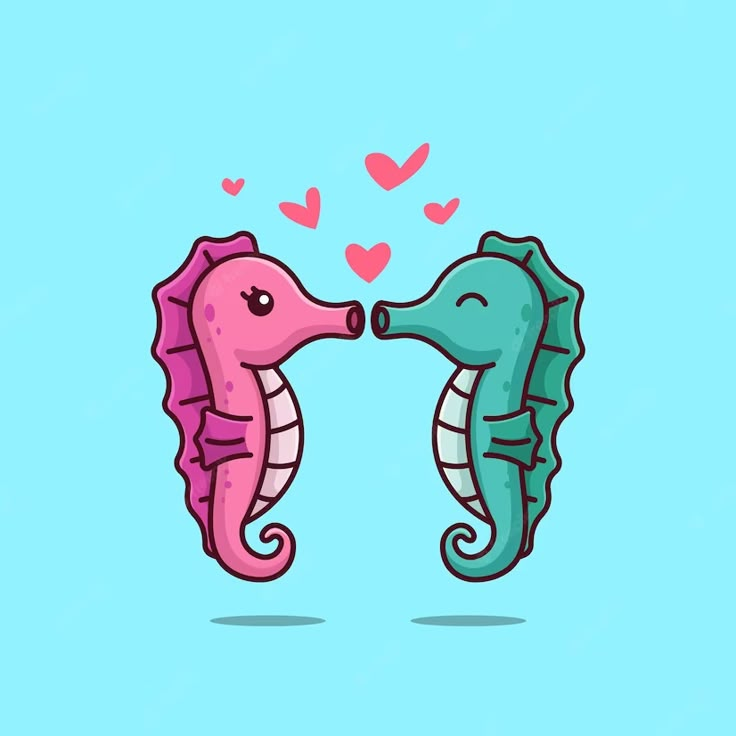 two seahorses kissing each other on a blue background with hearts in the sky