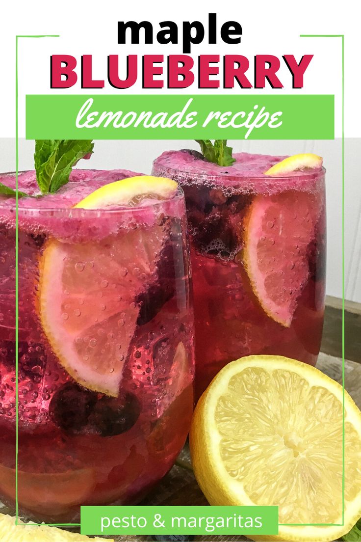 two glasses filled with lemonade and raspberry drink next to sliced lemons