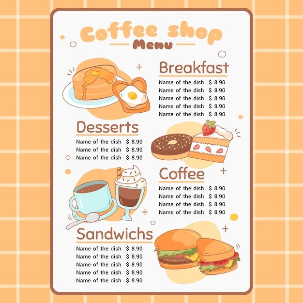 a coffee shop menu with breakfast items